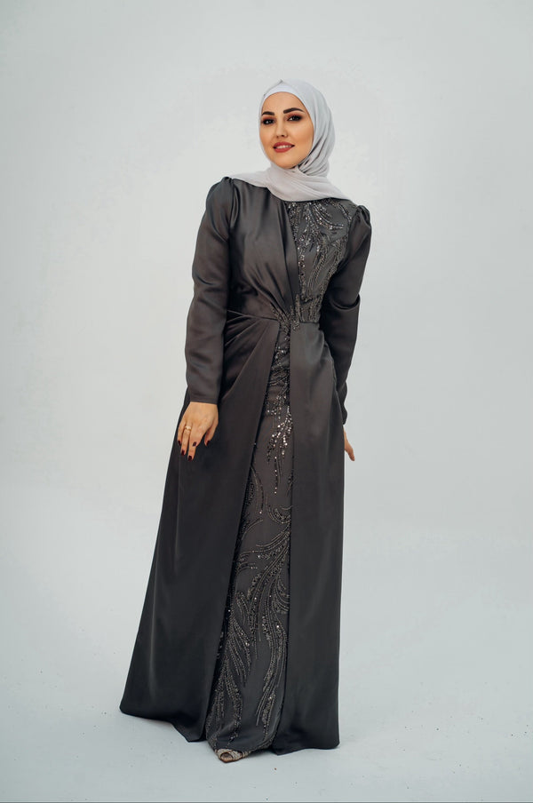 Satin Embroidered Evening Gown with Overcoat