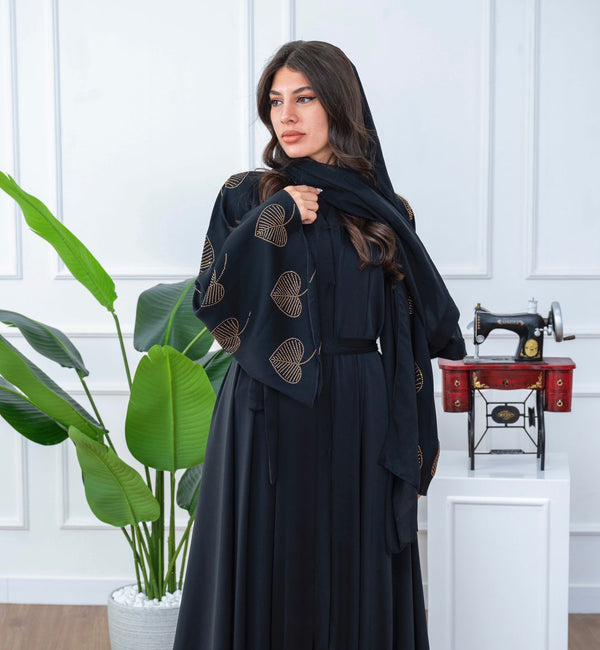 Black Abaya with Embroidered Leaf Design and Matching Sheila