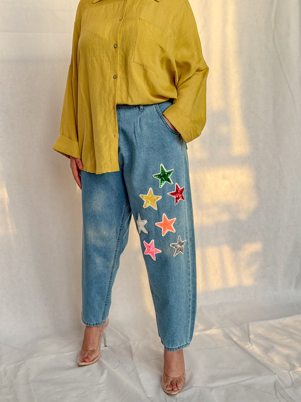Denim Pants with Colorful Star Patches