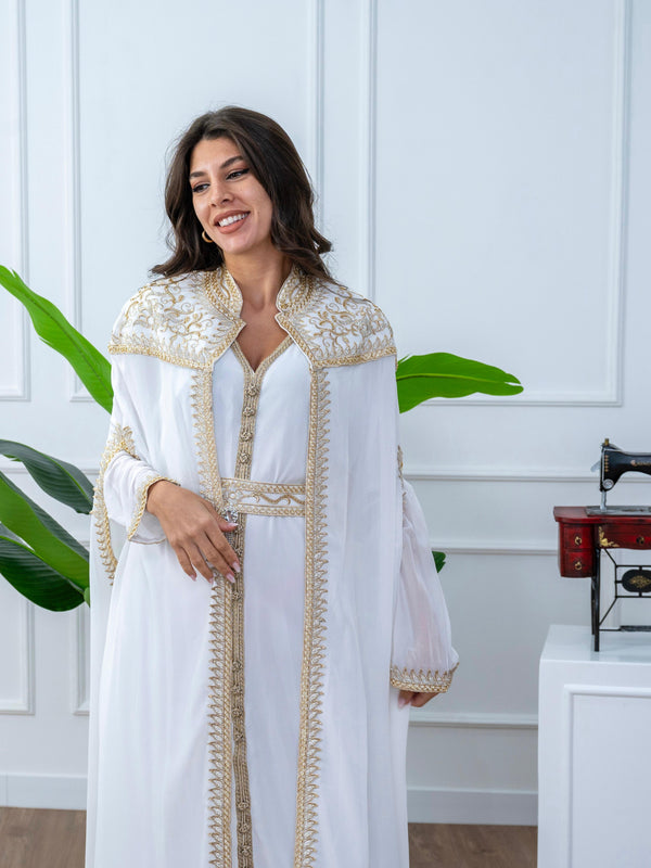 White Kaftan with Golden Embroidery and Waist Belt