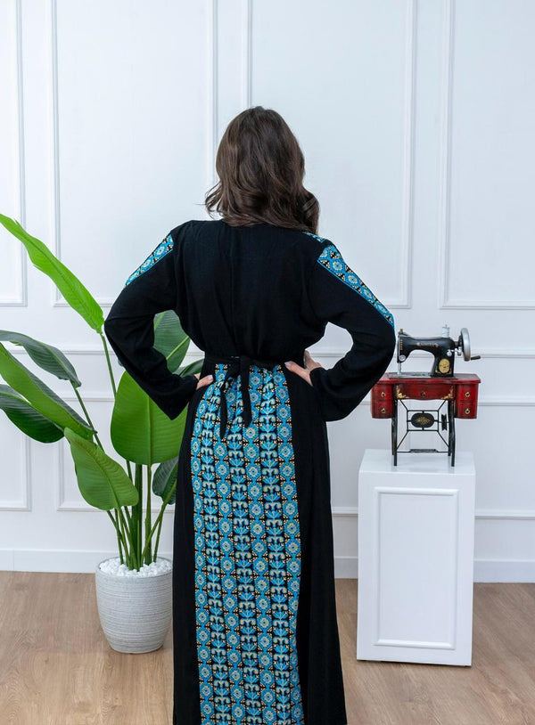 Palestinian-Inspired Jalabiya with Blue Embroidery