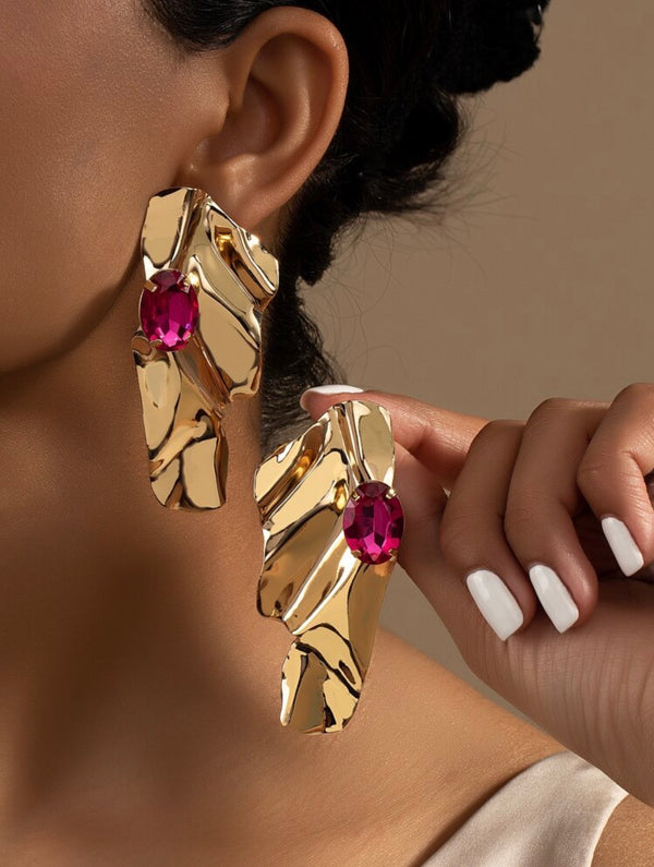 Abstract Gold Earrings with Ruby-Tone Gem