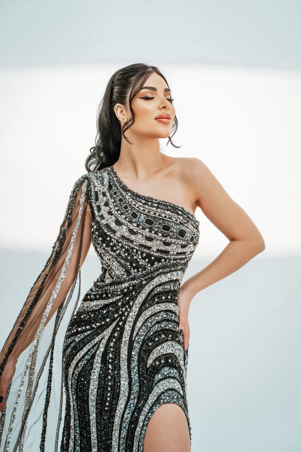 One-Shoulder Sequin Wave Gown