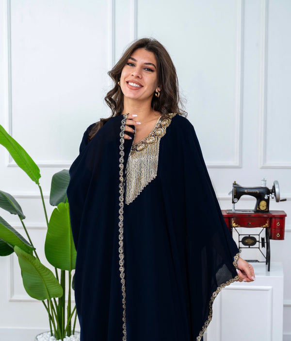 Black Embellished Jalabiya with Beaded Neckline