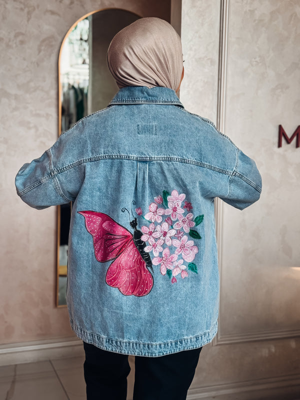 Hand-Painted Denim Jacket with Butterfly and Floral Art