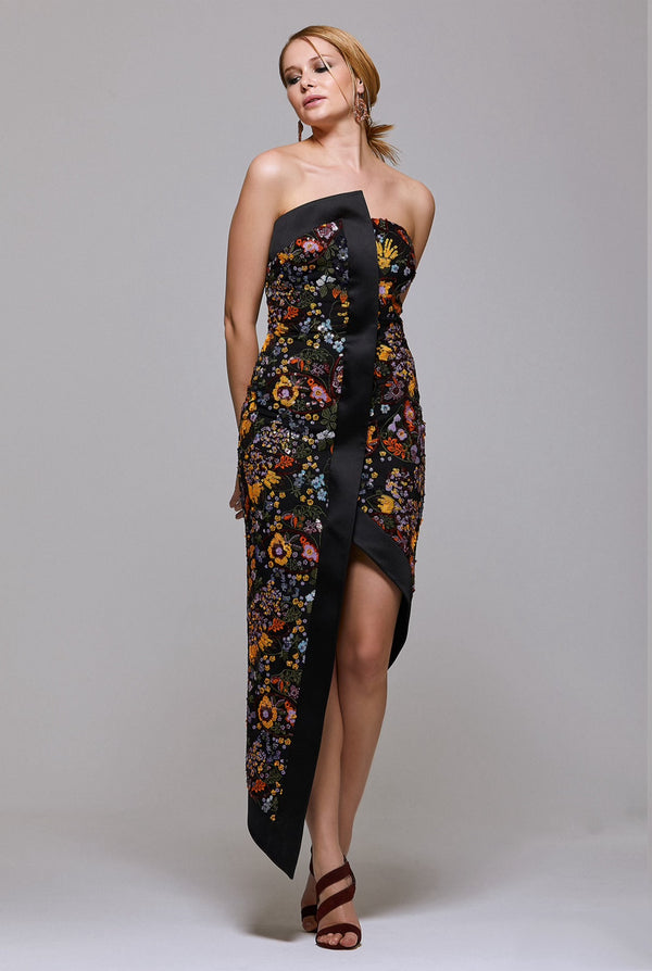 Strapless Floral Jacquard Dress with Satin Trim