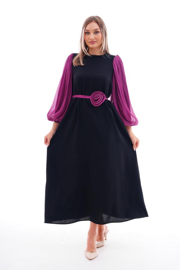 Contrast Sleeve A-Line Dress with Belt