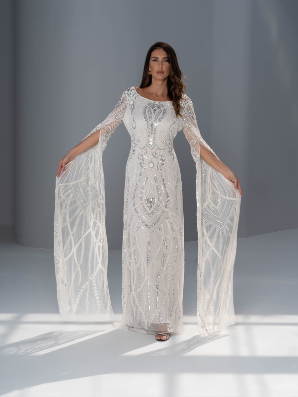 Long open sleeve silver embroidery occasion dress