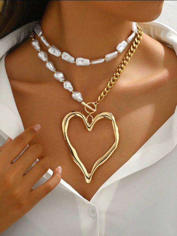 Asymmetric Pearl & Chain Necklace with Oversized Heart Pendant