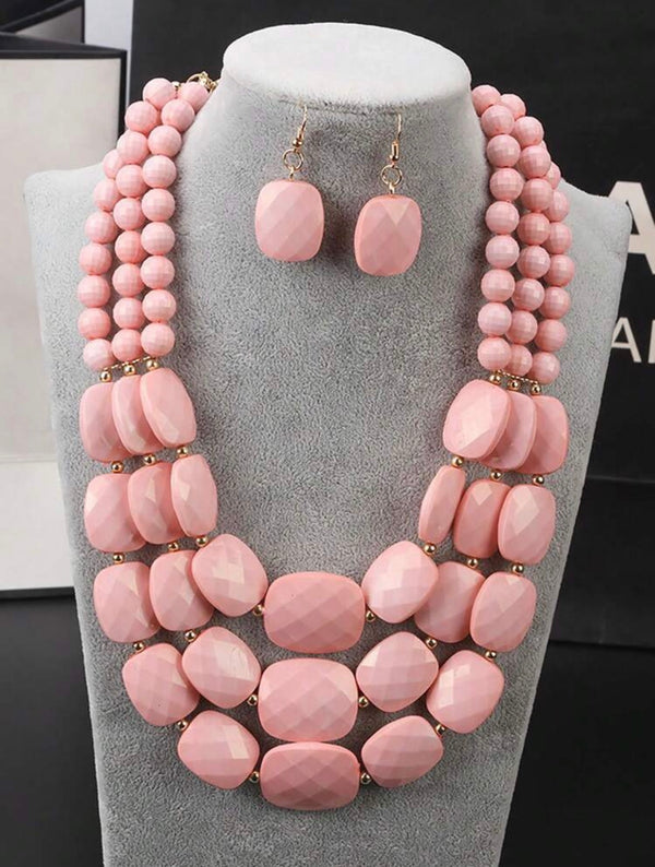 Elegant Pink Beaded Jewelry Set – Layered Statement Necklace with Matching Earrings