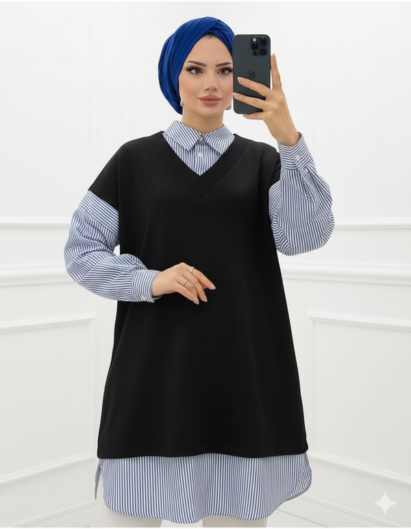 Striped Shirt with Cotton Vest Set