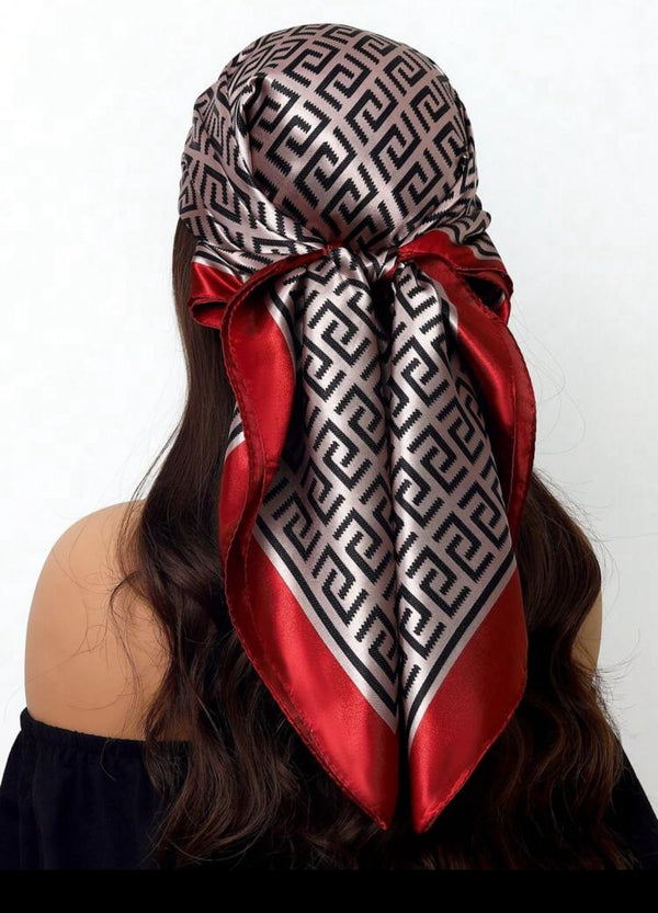 Greek Key Silk Scarf with Bold Red Border – Timeless Elegance
