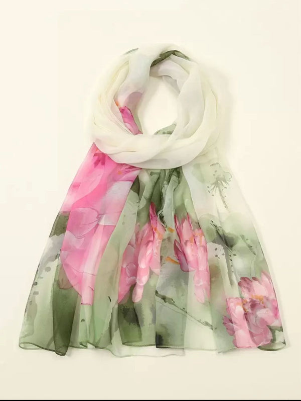 Floral Chiffon Scarf in Green and Pink Tones