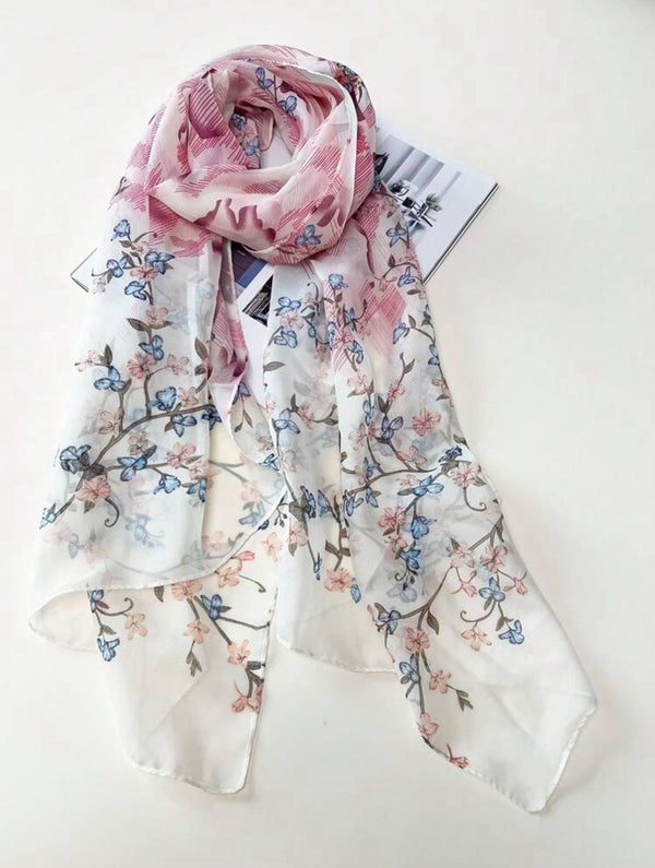 Elegant White Chiffon Scarf with Blue and Pink Floral Design