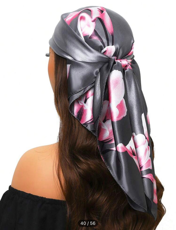 Floral Satin Scarf – Soft & Elegant Head Wrap