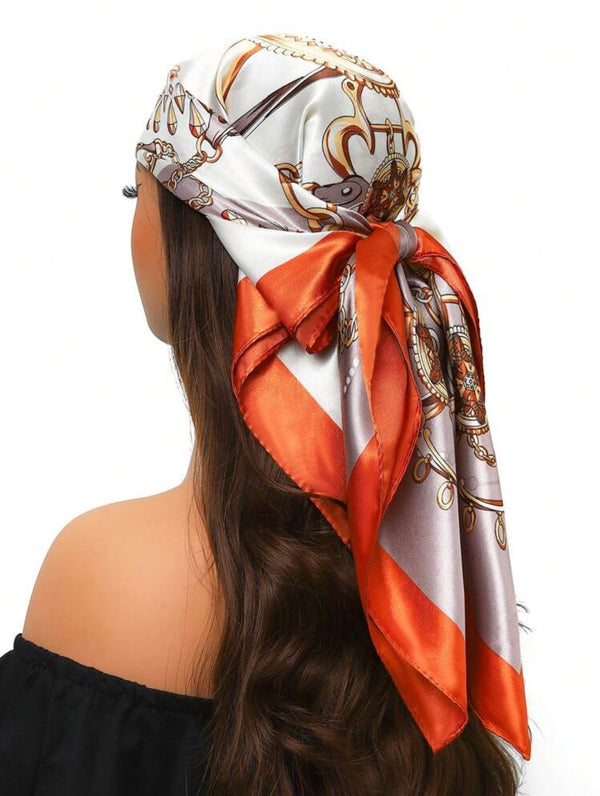Luxury Satin Headscarf – Vintage Chain Print with Orange Accent
