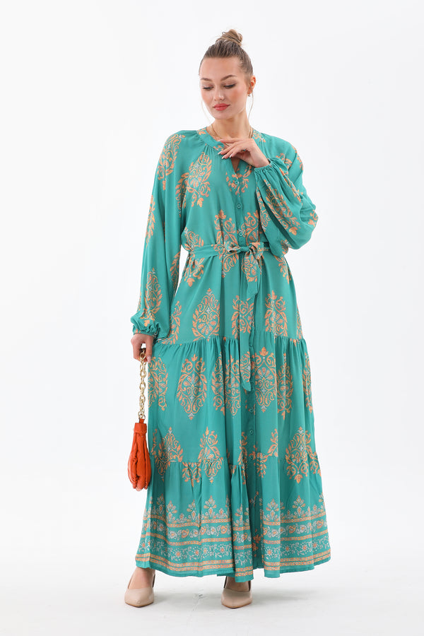 Printed Tiered Maxi Dress with Waist Tie