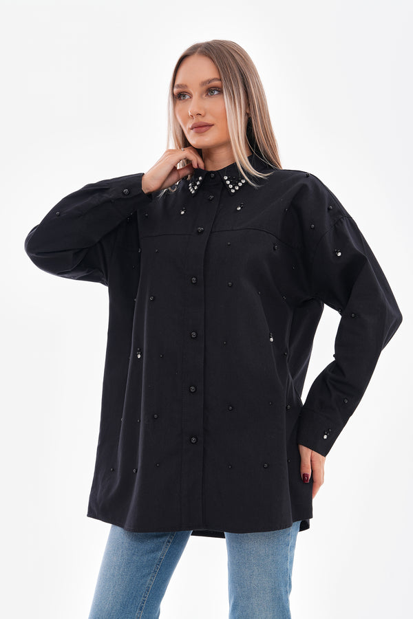 Black Shirt with Pearls and Stones on Collar