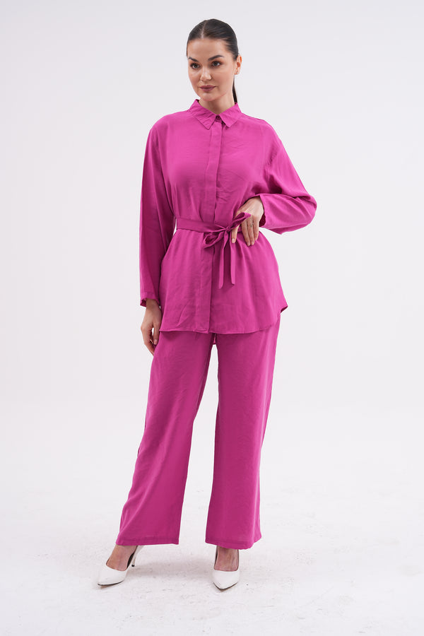 Linen Two-Piece Set with Belted Shirt and Wide-Leg Pants