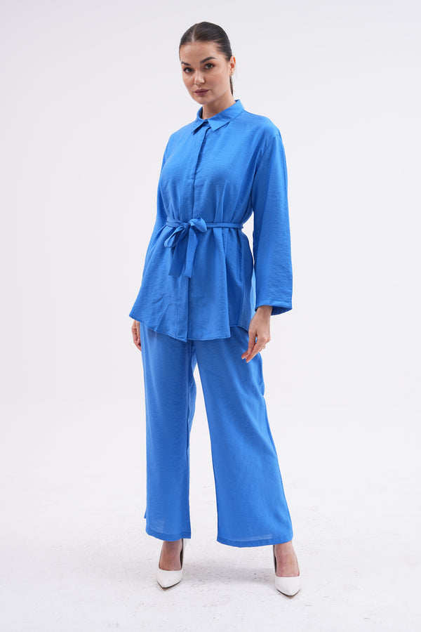Linen Two-Piece Set with Belted Shirt and Wide-Leg Pants