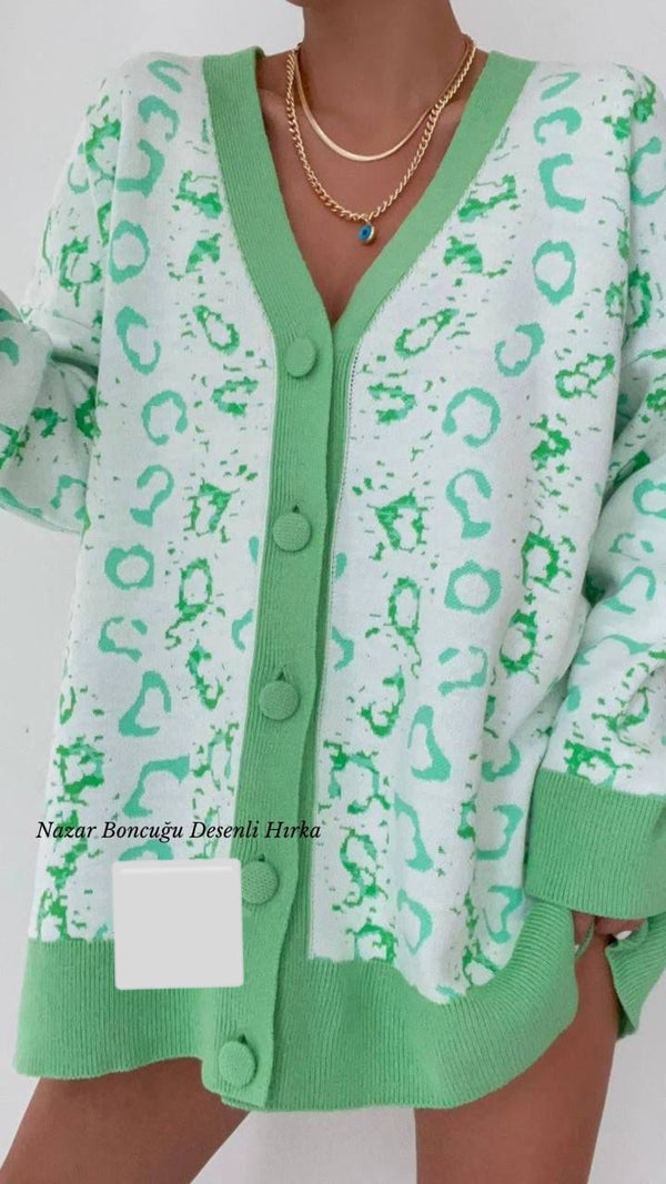 Green Patterned Cozy Cardigan