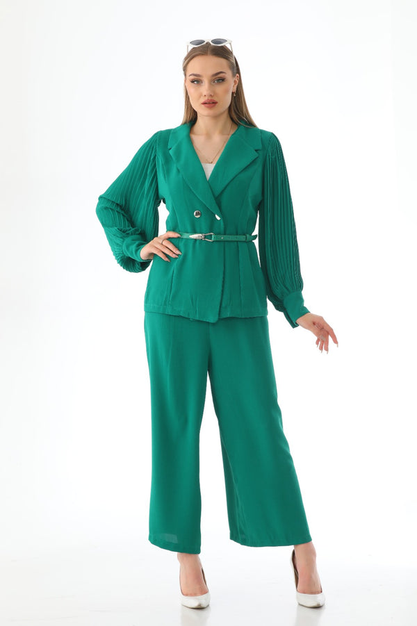 wide pants with plesset sleeves blazer