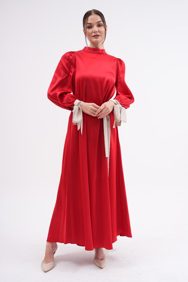 Elegant High Neck Belted Dress with Balloon Sleeves