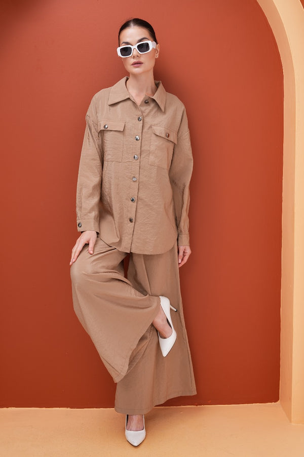 Relaxed Cotton-blend Set with Wide-Leg Pants and Pocket Shirt