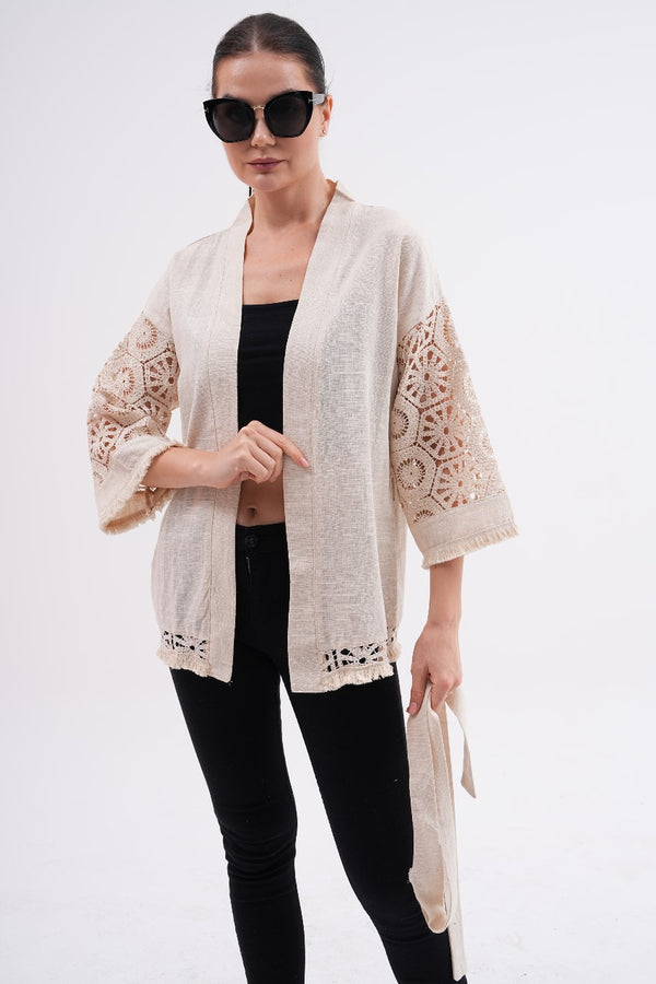 Linen Kimono Cardigan with Lace Details