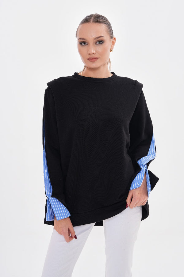 Black Cotton Top with Blue Sleeve Details