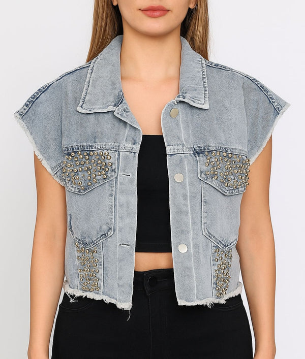 silver pin style short denim jacket