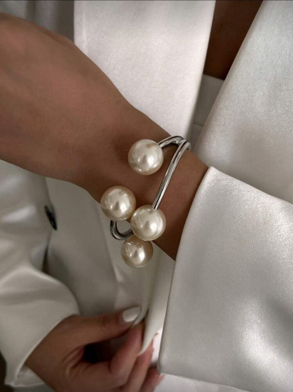 Open Silver Cuff Bracelet with Statement Pearls