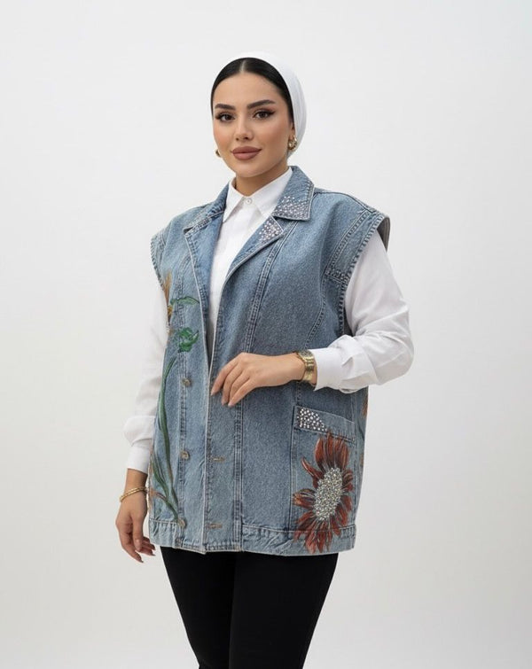 Hand-Painted Sunflower Denim Vest