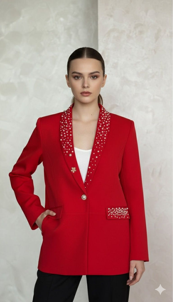 Hand Made Embellished Pearl Lapel Red Blazer