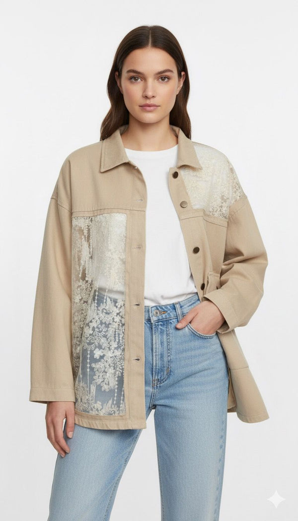 Handcrafted Lace-Panel Beige Jacket