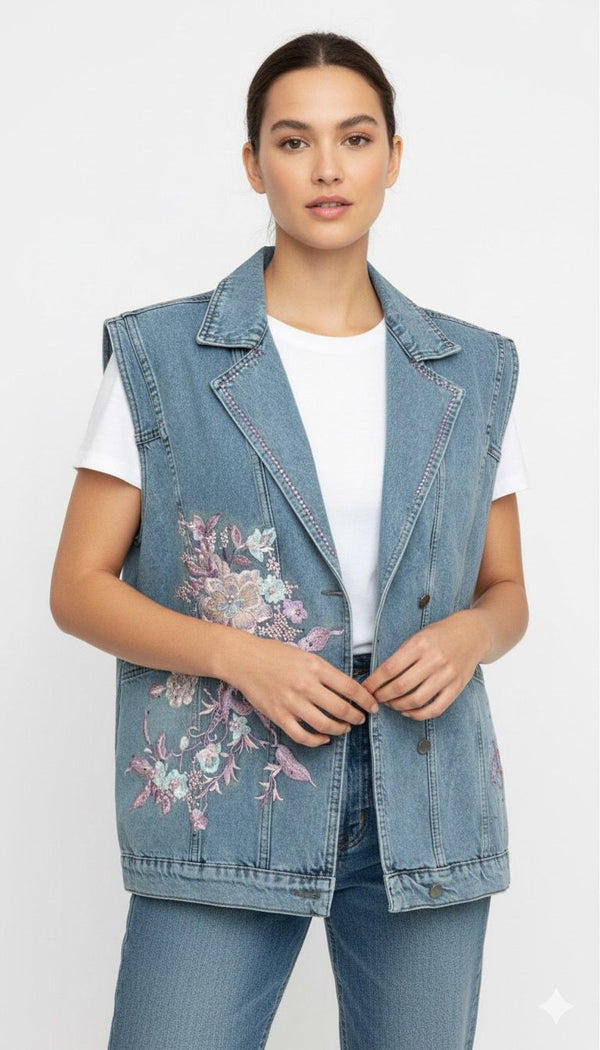 Pink Petal Hand-Embroidered Denim Vest