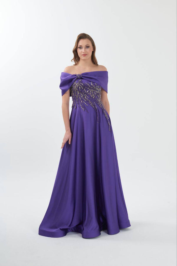 Stone chest off shoulder silky occasion dress