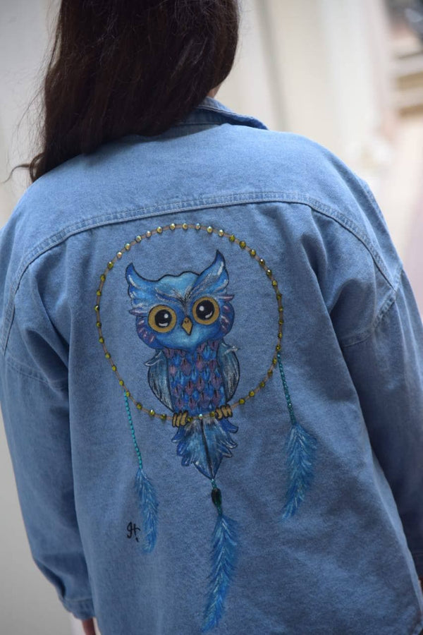 Owl hand made painted denim jacket